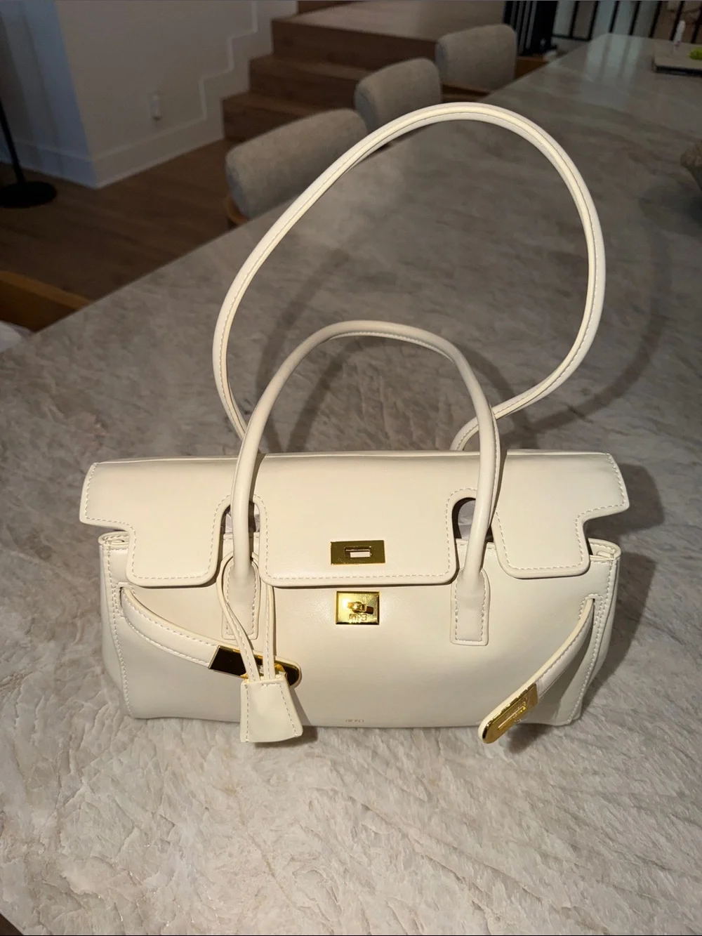 JW PEI Cream Leather Satchel with Gold Hardware